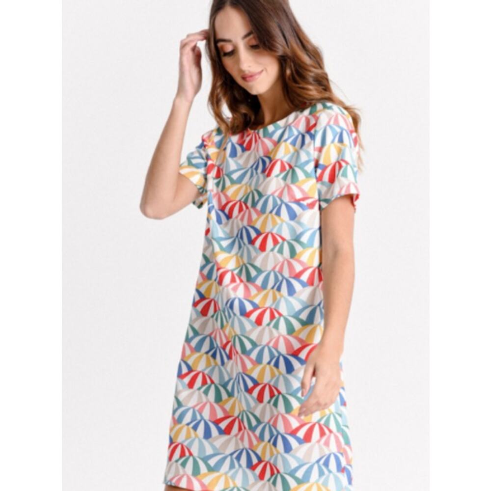 Molly Bracken Umbrella Shift Dress Multi-Colored Round Neck Short Sleeve Sz XS